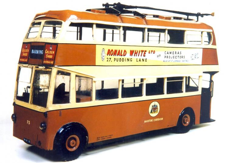 This a model of a Maidstone Corporation double-decker Sunbeam trolleybus.